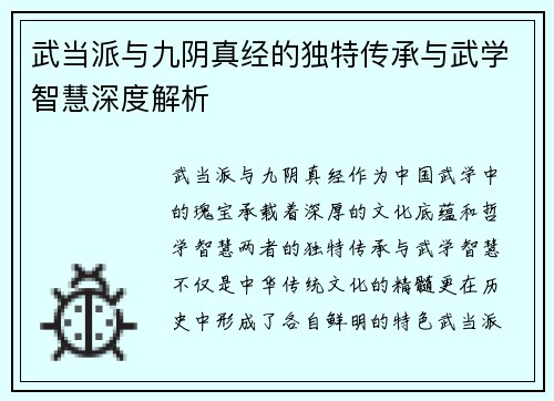 武当派与九阴真经的独特传承与武学智慧深度解析
