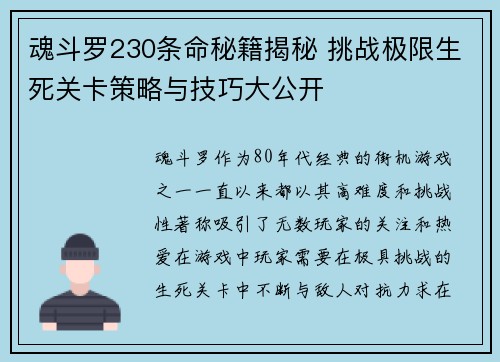 魂斗罗230条命秘籍揭秘 挑战极限生死关卡策略与技巧大公开 魂斗罗230条命秘籍揭秘 挑战极限生死关卡策略与技巧大公开